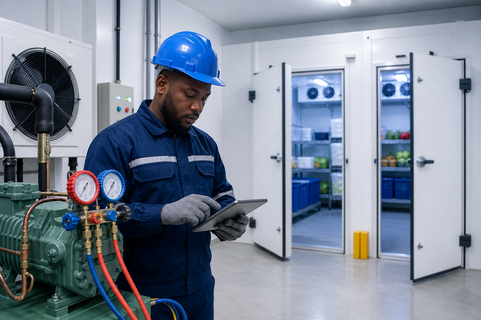 Technician inspecting cold room refrigeration equipment